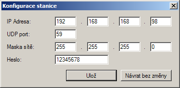 Obr. 6 - Výchozí nastavení IP konfigurace Kliknutím na tlačítko Stanice lze vyvolat okno Konfigurace stanice, pomocí kterého lze nastavit IP adresu výchozí brány (tuto Vám sdělí správce dané sítě).