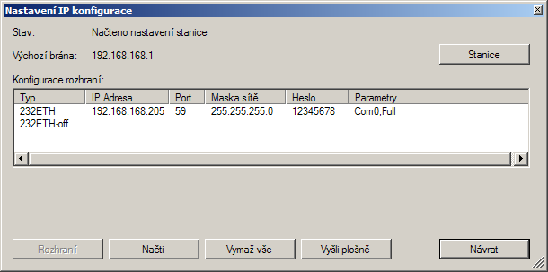 Obr. 11 - Úspěšně nastavená konfigurace převodníku RS232 na Ethernet Pozor V případě, že bude převodník RS232 na Ethernet nakonfigurován na rozhraní COM0 (nebo na linku RS485 řídicího systému),