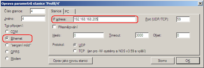 Obr. 23 - Nastavení komunikačních parametrů pro Ethernet Přednastavené údaje v záložce PC lze ponechat ve výchozím stavu. Po nastavení parametrů potvrdíme konfigurační okno a zkusíme např.