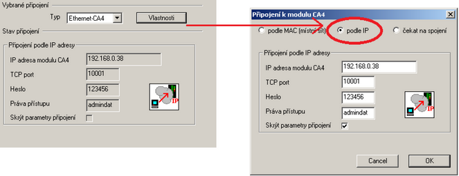 Doporučená konfigurace komunikátoru CA4 Pevná IP adresa komunikátoru CA4 Zapnut modul: Přístup do sítě Nastavena konkrétní práva přístupu, nebo zapnut Obecný administrátor (který umožní neomezený