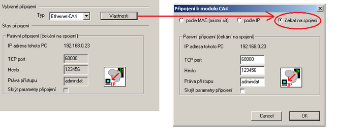 Na rozdíl od předchozích typů připojení k CA4 v tomto typu připojení je modul CA4 iniciátorem ustanovení spojení a DataServer pouze naslouchá na stanoveném TCP portu, zda-li se k němu nechce nějaký