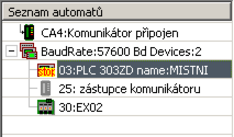 Zástupce komunikátoru Pokud má komunikátor, přes který se DataServer připojuje do sítě automatů nastavenou adresu ( v síti automatů), tak se v seznamu automatů zobrazuje zástupce komunikátoru na dané