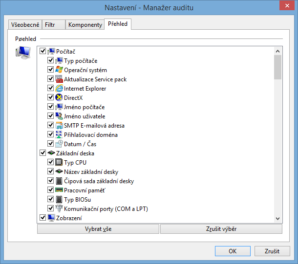 Nabídka Soubor Na kartě Přehled můžeme zvolit komponenty, které bychom rádi viděli v jednotlivých sestavách Správce auditu. Komponenty, u kterých zrušíme výběr, nebudou v seznamu viditelné.
