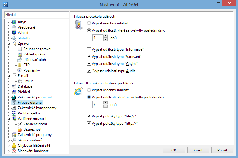 Nastavení 3.10 FILTROVÁNÍ OBSAHU Systém AIDA64 má také přístup k protokolu událostí systému Windows, IE cookies a historii prohlížeče.