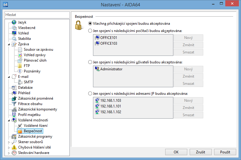 Nastavení 3.13.2 BEZPEČNOST Systém AIDA64 nám umožňuje specifikovat ty počítače, uživatelská jména nebo IP adresy, které jsou oprávněny k zahájení vzdáleného připojení. 3.14 ZÁKAZNICKÉ PROGRAMY Zde můžeme přidat jakékoliv programy a soubory na stránce Software / Zákaznické programy v nabídce stránek, které bychom chtěli sledovat.