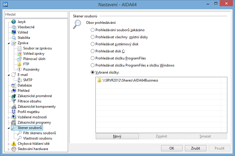 Nastavení Volba "Prohledej složku a hledej soubor" může být použit pro kontrolu existence souboru v určité složce a jejích podsložkách pomocí skenování souborů.