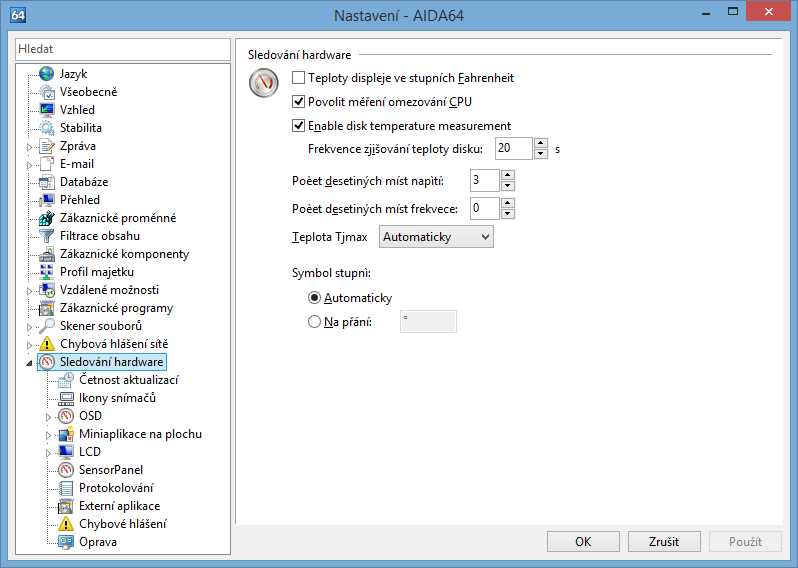 Nastavení 3.17 SLEDOVÁNÍ HARDWARE V tomto okně můžeme nastavit služby sledování hardwaru.