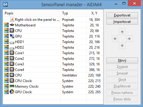 Nastavení 3.17.6.1 SenzorPanel manažer Kliknutám pravého tlačítka myši na SenzorPanel se zobrazí kontextová nabídka, odkud můžeme otevřít Správce SenzorPanelu.