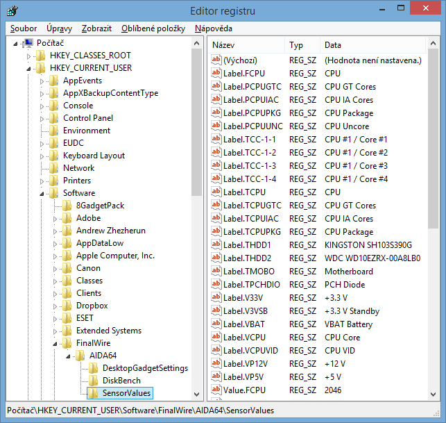 Nastavení Povolit zápis hodnot snímače do registru Pokud jsme se rozhodli sdílet hodnoty senzorů s externími aplikacemi pomocí registru systému Windows, budou hodnoty senzorů zapsány v následující