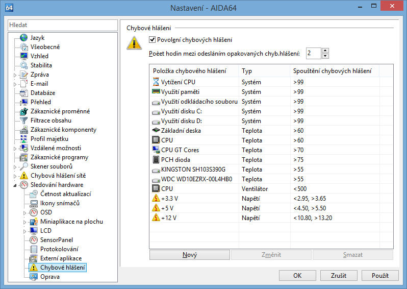 Nastavení 3.17.9 CHYBOVÉ HLÁŠENÍ Pomocí systému AIDA64 lze odeslat výstrahy upozornění pro několik problémů souvisejících s hardwarem.