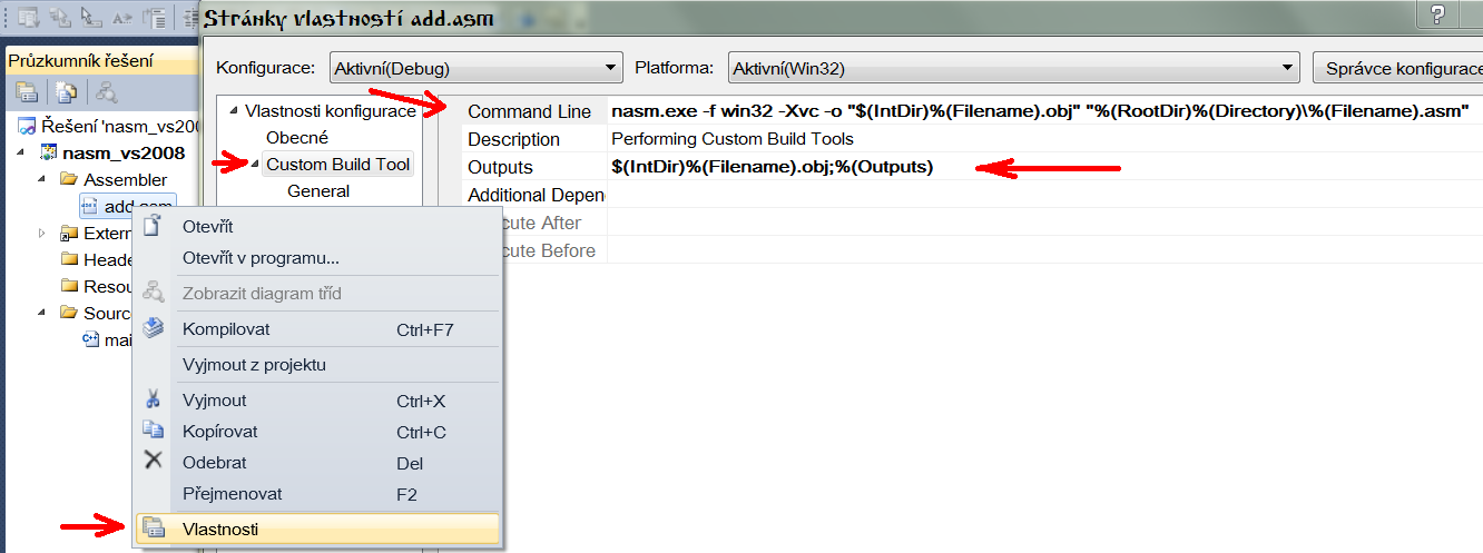 (Úloha B) MS Visual Studio 2010 + NASM 2 Command Line: nasm.exe -f win32 -Xvc -o "$(IntDir)\$ (InputName).