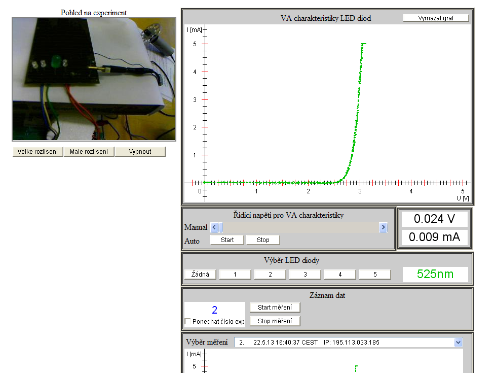 Experimet VA charakteristika LED diody, určení Plackovy