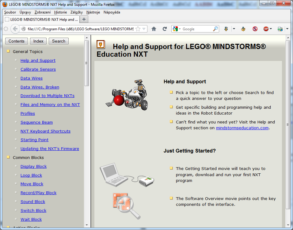 Prostředí NXT-G 44 Obrázek 4-16 Úvodní okno HTML nápovědy Pokud v prostředí NXT-G najedete kurzorem na některý blok umístěný na ploše a počkáte přibližně 2 sekundy, zobrazí se v pravém dolním rohu