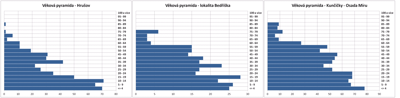 Obrázek 7 - Věkové pyramidy pro lokality zařazené ve 2. Kategorii Zdroj: Vlastní zpracování. Kategorii lze hodnotit jako přechodnou, smíšenou.