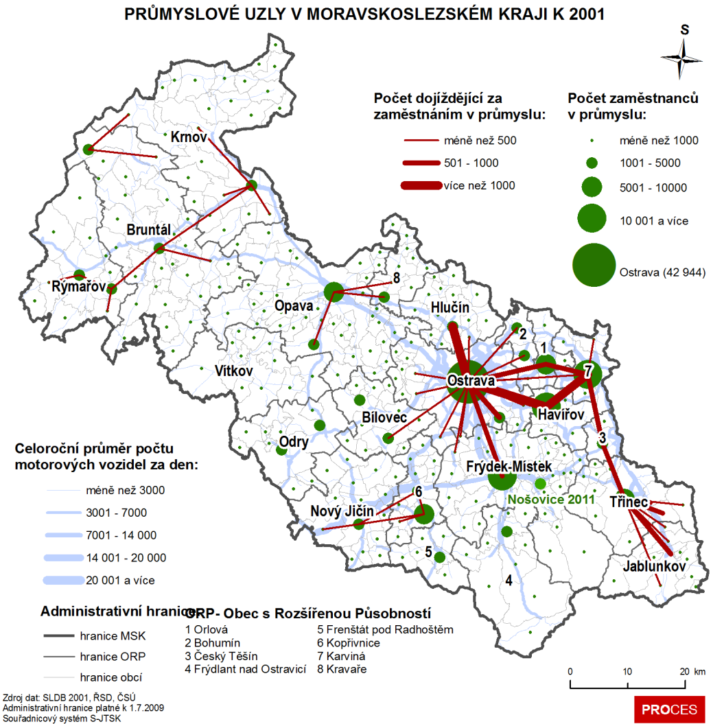 Obrázek 2 - Průmyslové uzly v MSK podle dat ze SLDB 2001.