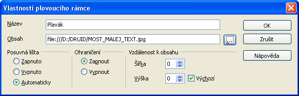 105 Plovoucí rámec Plovoucí rámec do dokumentu vložíte z nabídky Vložit, a to příkazem Plovoucí rámec. Příkaz otevře dialog Vlastnosti plovoucího rámce, kde nastavíte vše potřebné.