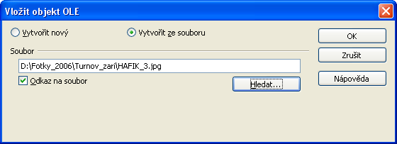 106 Chcete-li vložit do dokumentu objekt OLE vytvořený z již existující souboru, zvolte položku Vytvořit ze souboru.