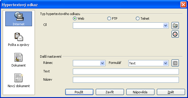 124 Hypertextové odkazy a pole v dokumentu Hypertextové odkazy Do dokumentu můžete vložit hypertextový odkaz vedoucí do téhož nebo jiného dokumentu, na webovou stránku, do složek serveru FTP,