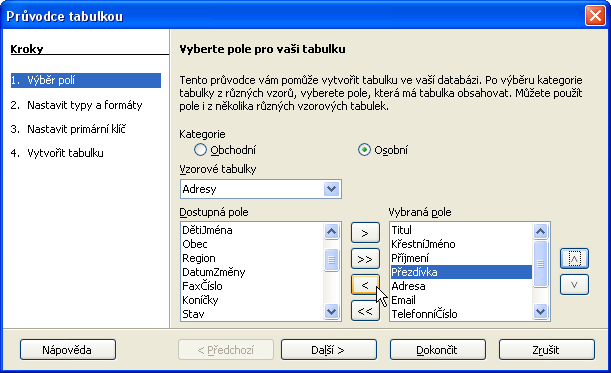 237 Vytváření vlastních tabulek Vytvoření nové tabulky pomocí průvodce Průvodce tabulkou vám umožní v pracovní databázi vytvořit tabulku dat.