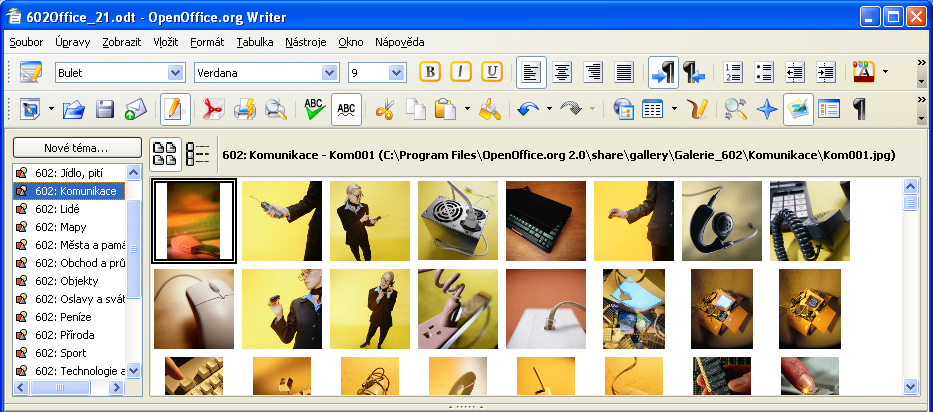 99 Obrázek z Galerie obrázků Součástí OpenOffice je také Galerie obrázků a dalších grafických objektů. Z ní si můžete vybrat potřebný obrázek či graficky ztvárněný symbol a vložit ho kam je třeba.