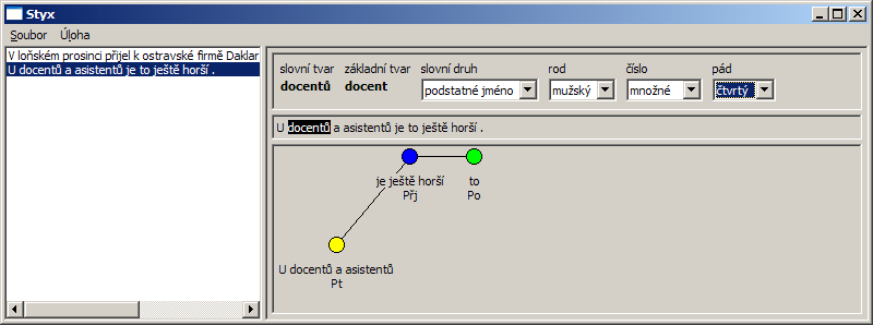Obrázek 5: Procvičování v programu Styx 7 Závěr Celý projekt cvičebnice češtiny postavené na Pražském závislostním korpusu úspěšně prošel první fází podrobným prozkoumáním kroků, které je při