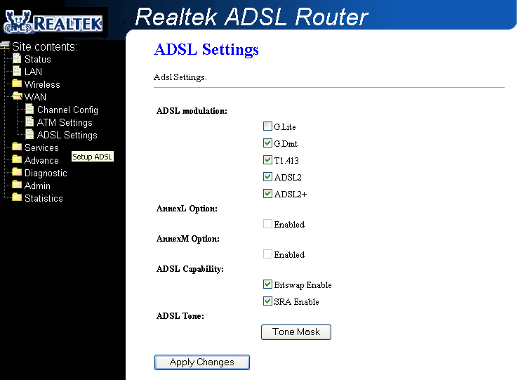 Položky: Pole ADSL modulation AnnexL Option AnnexM Option ADSL Capability Popis ADSL modulace: Zvolte preferované protokoly: G.lite : G.992.2 Annex A G.dmt : G.992.1 Annex A T1.413 : T1.413 v.