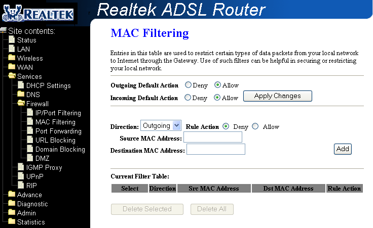 3.7.4.4 Filtrace MAC adres - MAC Filtering Filtrace podle MAC adresy umožňuje blokovat provoz na základě hardwarové adresy koncového zařízení zdroje nebo cíle, tj.