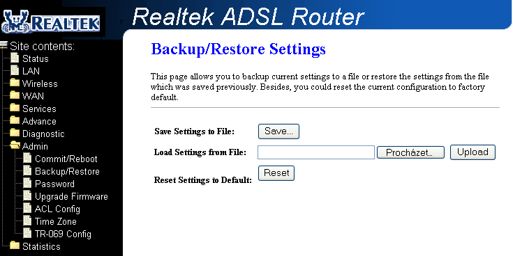 Tlačítka: Save Settings to File: Uložit současné nastavení do souboru: Save Default Settings to File: Uložit tovární nastavení do souboru: Save Hardware Settings to File: Uložit