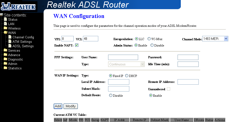 4.2 MER(Mac Encapsulating Routing) Mode 1. Otevřete webovou stránku WAN interface Channel Configuration. 2. Zvolte Channel Mode 1483 MER.