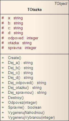 6.2. Třída TOtazka 6.2.1. Diagram třídy TOtazka Obrázek 6: Diagram třídy TOtazka, zdroj [autor] 6.2.2. Popis třídy TOtazka Vzhledem k tomu, že se ve výrokové a predikátové logice vyskytují znaky,