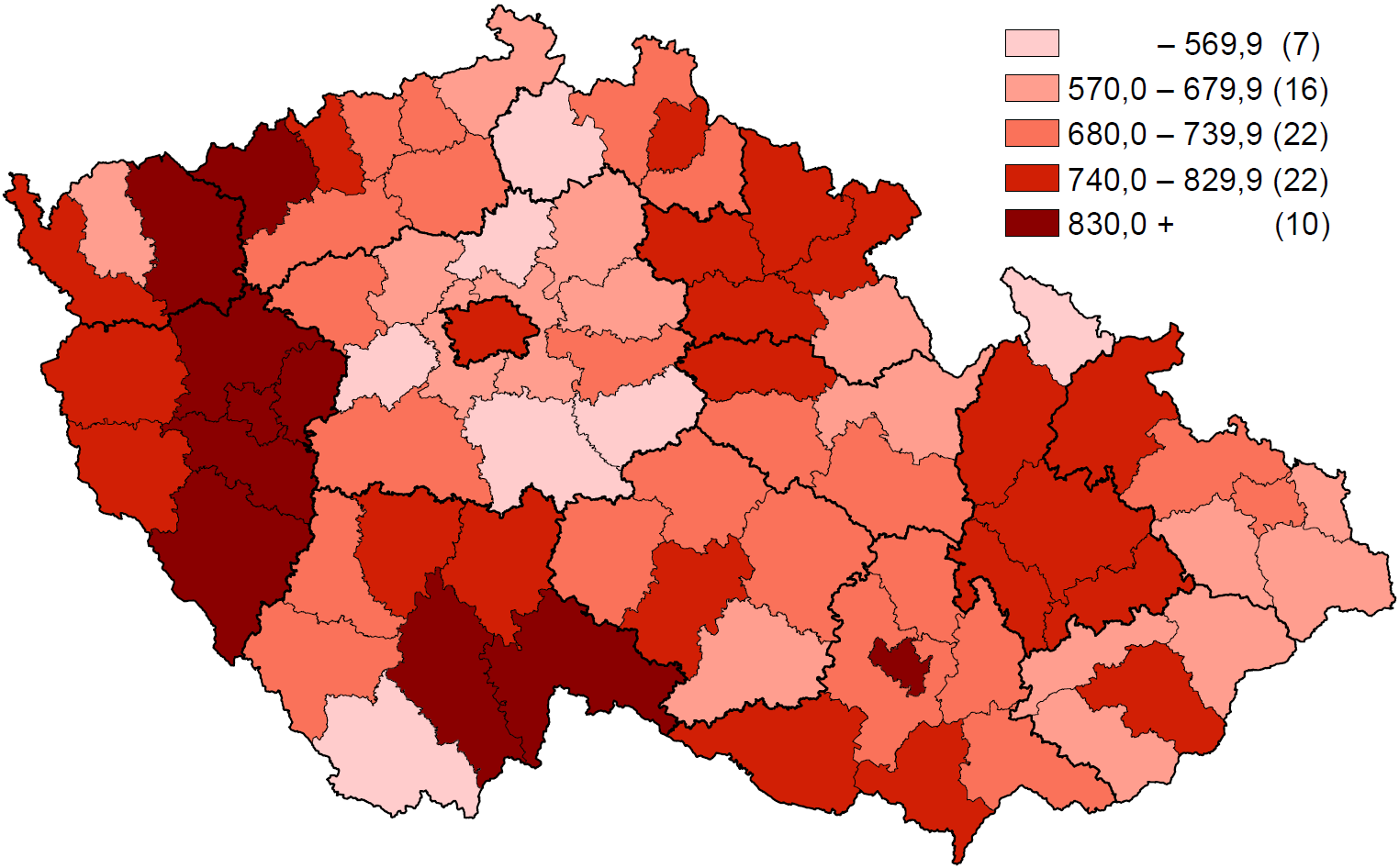 Hlášené novotvary (C00 D09) na 100 000 mužů (průměr za období 2007 2011) Notified neoplasms (C00 D09) per 100 000 males (average period 2007 2011)