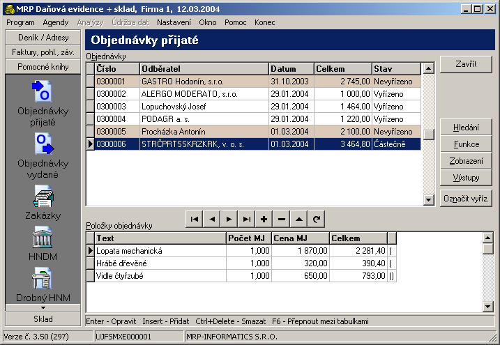 56 Daňová evidence Objednávky přijaté Kniha přijatých objednávek umožňuje evidenci došlých objednávek.