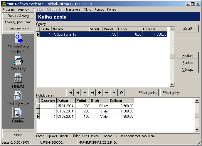 62 Daňová evidence Kniha cenin Kniha cenin slouží k evidenci cenin. Při práci s knihou cenin je nejprve třeba nadefinovat ceniny (tlačítko Přida idat t ceninu.