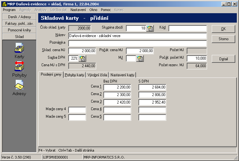 66 Daňová evidence Číslo skladové karty Skupina zboží Kód Sklad. cena MJ Počát. cena MJ Počát. počet MJ Podle údaje Číslo skladové é karty ty jsou karty implicitně řazeny.