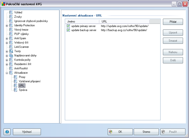 9.13.3. URL Dialog URL nabízí seznam internetových adres, odkud mohou být aktualizační souboru staženy.