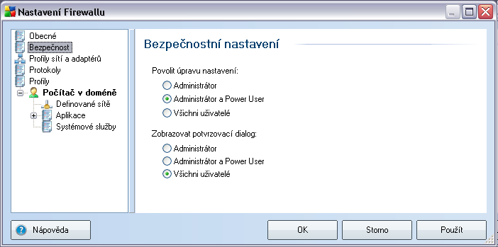 10.2. Bezpečnost V dialogu Bezpečnostní nastavení definujte obecná pravidla pro správu komponenty Firewall bez ohledu na nastavený profil: Povolit úpravu nastavení - určete, kdo má právo měnit