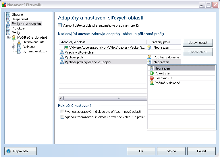 10.3. Profily sítí a adaptérů V dialogu Adaptéry a nastavení síťových oblastí můžete editovat nastavení související s přiřazením jednotlivých definovaných profilů specifickým adaptérům a jim