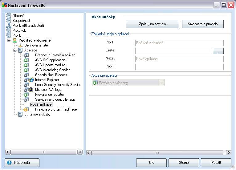 V tomto dialogu můžete definovat podrobná nastavení pro konkrétní aplikaci. Akce stránky Tlačítko Zpátky na seznam zobrazí seznam všech aktuálně definovaných pravidel pro aplikace.