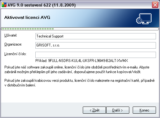 formě, doporučujeme jej do příslušného pole zkopírovat (metodou kopírovat a vložit). V instalaci pokračujte stiskem tlačítka Další.