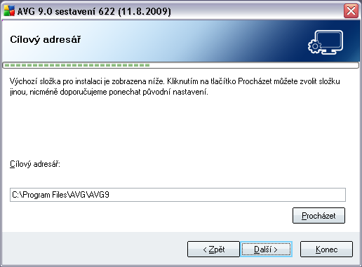 5.6. Uživatelská instalace - Cílový adresář Dialog Cílový adresář vám dává možnost určit, kam má být program AVG 9 AntiVirus plus Firewall instalován.