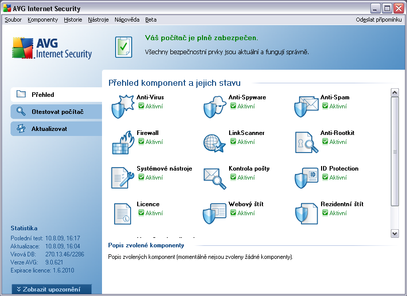 7. Uživatelské rozhraní AVG AVG 9 Anti-Virus plus Firewall se otevře v tomto rozhraní: Hlavní okno je rozděleno do několika sekcí: Systémové menu (navigace Windows zobrazená zcela nahoře) je