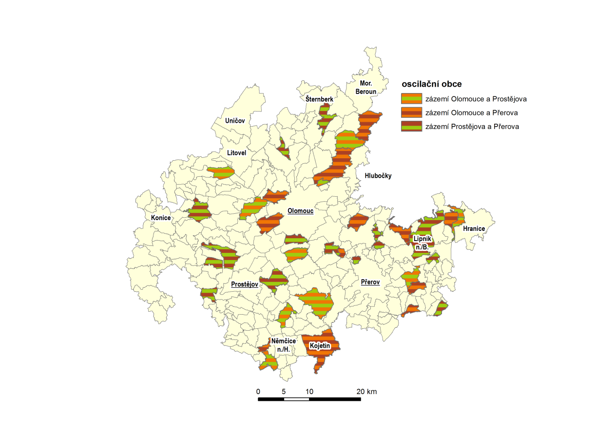 OBR. 6: OSCILAČNÍ OBCE DLE JEJICH ZÁZEMÍ Zdroj: ČSÚ SLDB 2011. Oscilační obce se identifikují na základě počtu vyjíždějících osob za zaměstnáním ze sledované obce do více jader.