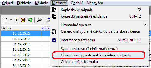 60. Kontrola značek autovraku v evidenci odpadů Kontrola na správné vyplnění továrních značek dle číselníku MŽP v evidenci odpadů. Zobrazuje se pouze při zaregistrovaném modulu Autovraky.