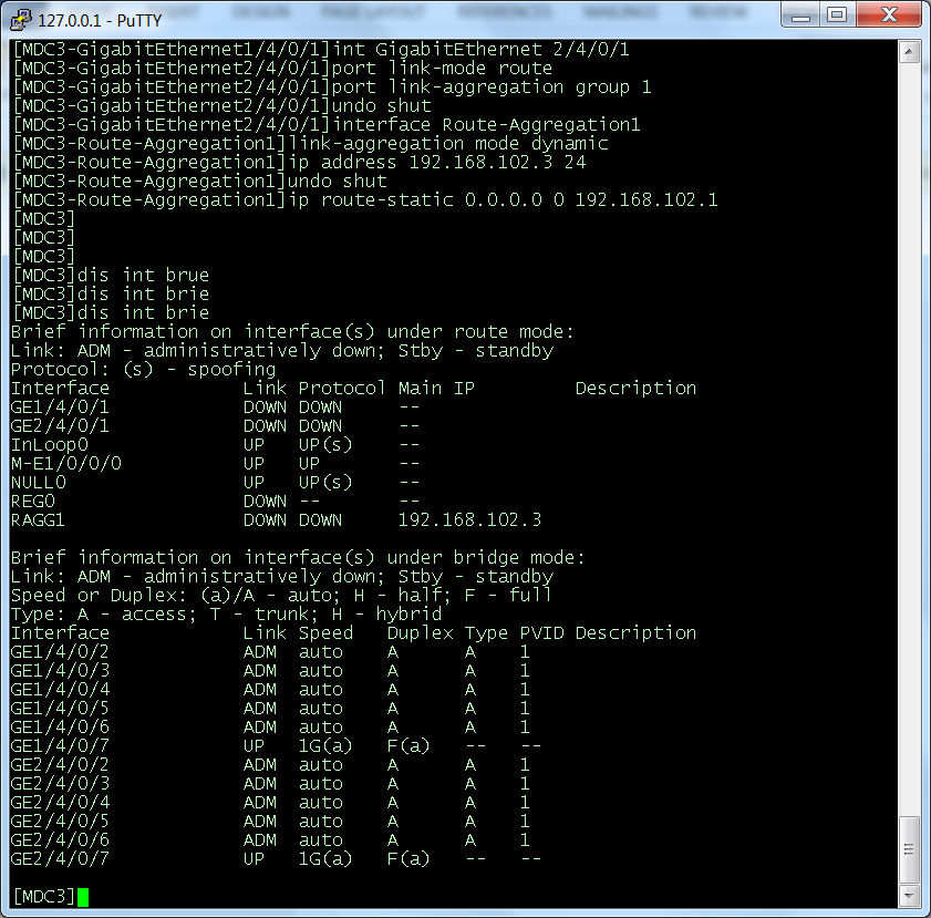 Switchto mdc 3 system-view Sysname MDC3 int Route-Aggregation 1 int GigabitEthernet 1/4/0/1 port link-mode route port link-aggregation group 1 undo shut int GigabitEthernet 2/4/0/1 port link-mode