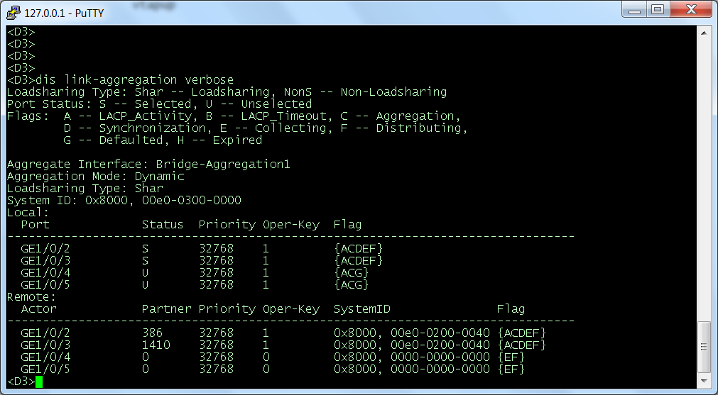 Konfigurace access switchů Dokonfigurujeme D3 - etherchannel sys interface Bridge-Aggregation1 link-aggregation mode dynamic interface range name agg interface GigabitEthernet1/0/2 to