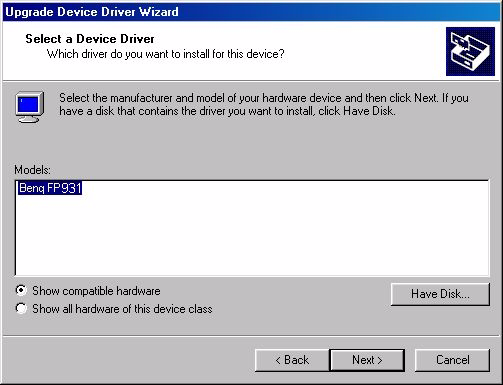 8. Zvolte položku Zobrazit seznam známých ovladačů pro toto zařízení (Display a list of the known drivers for this device so that I can choose a specific driver) a pak klikněte na tlačítko Další