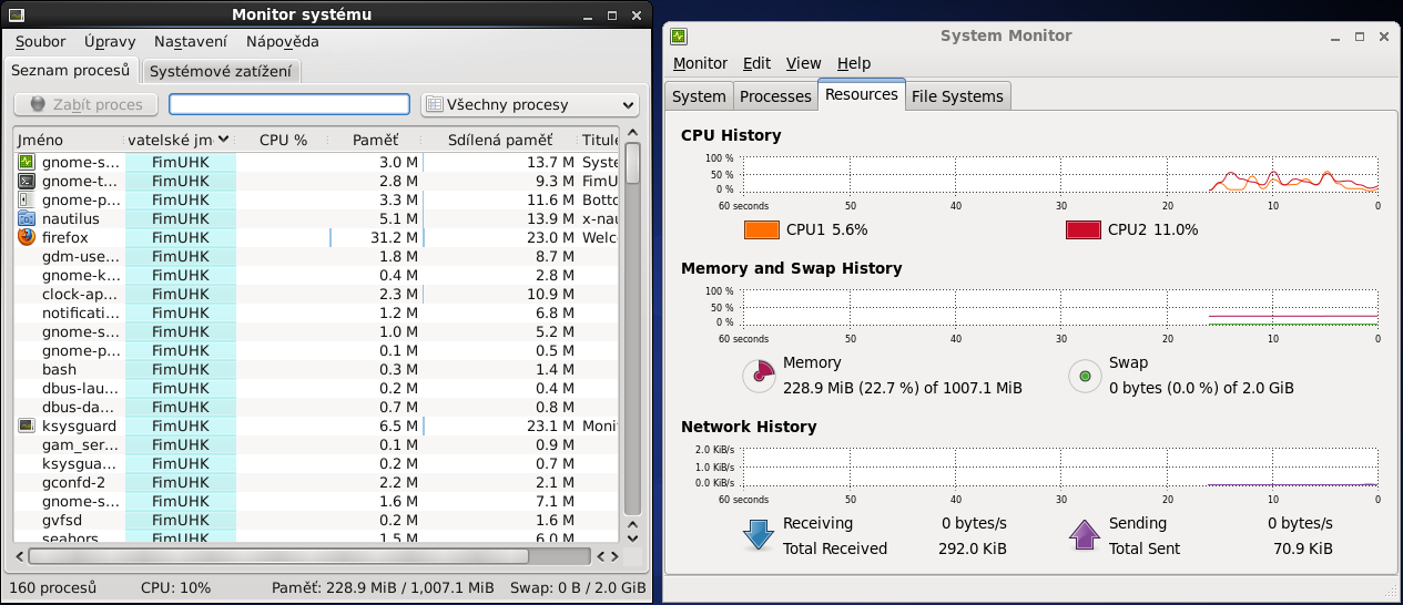 Oba dva nástroje Vám umožňují sledovat vytížení procesoru paměti, odkládacího prostoru-swap (pokud existuje).