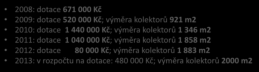 3 m 2 odstavení uhelných kotlů 2008: dotace 671 000 Kč 2009: dotace 520 000 Kč; výměra kolektorů 921 m2 2010: