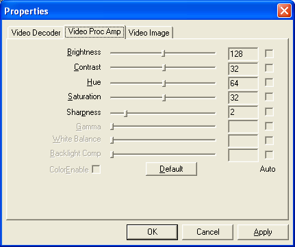 Jak, kontrast, odstín a sytost nebo ostrost upravíte v programu Amcap po volbě Options, Video Capture Filter a v Properties vyberete kartu Video Proc Amp.