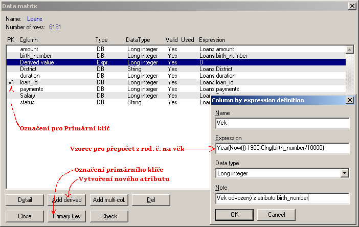Obrázek 5.2.5 LMDataSource při tvorbě atributu Vek přepočtem z rodného čísla (birth_number). Aby bylo možné v dalších modulech dobývat asociační pravidla, musíme vytvořit několik dalších atributů.